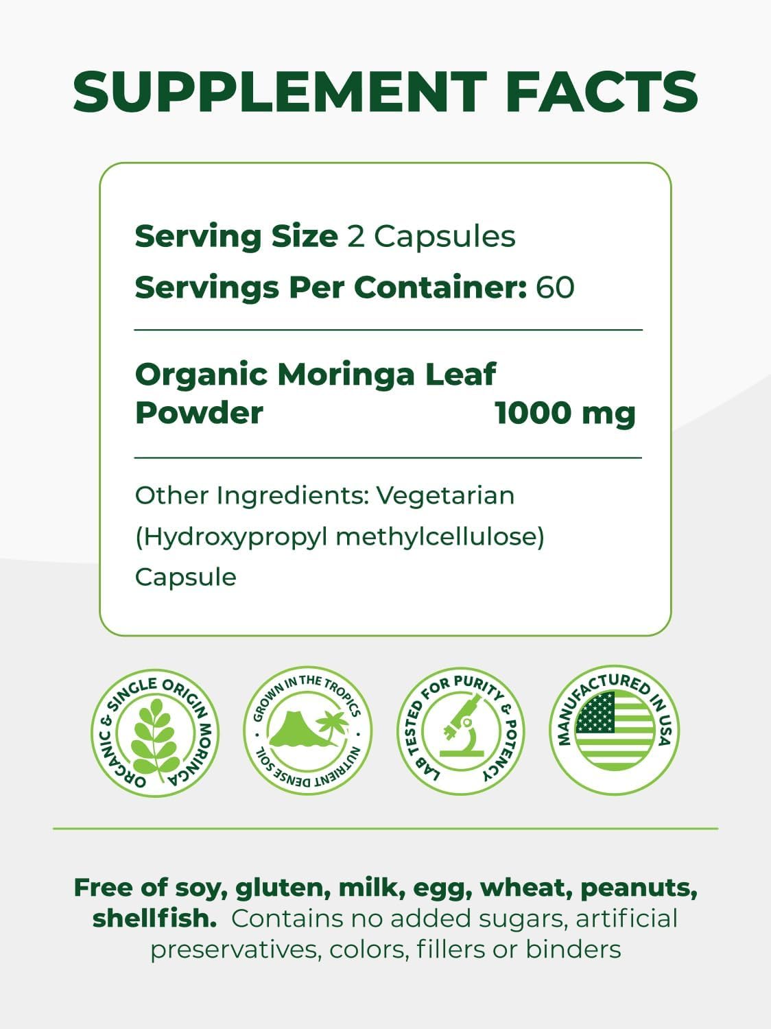PURA VIDA MORINGA capsules, côté du flacon