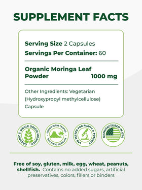 PURA VIDA MORINGA capsules, côté du flacon