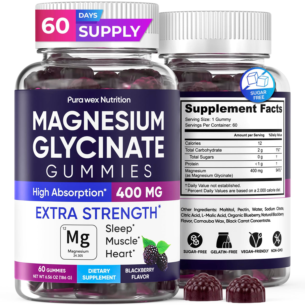 PURA WEX NUTRITION Gummies de Magnésium Glycinate 400mg Saveur Mûre - vue de face