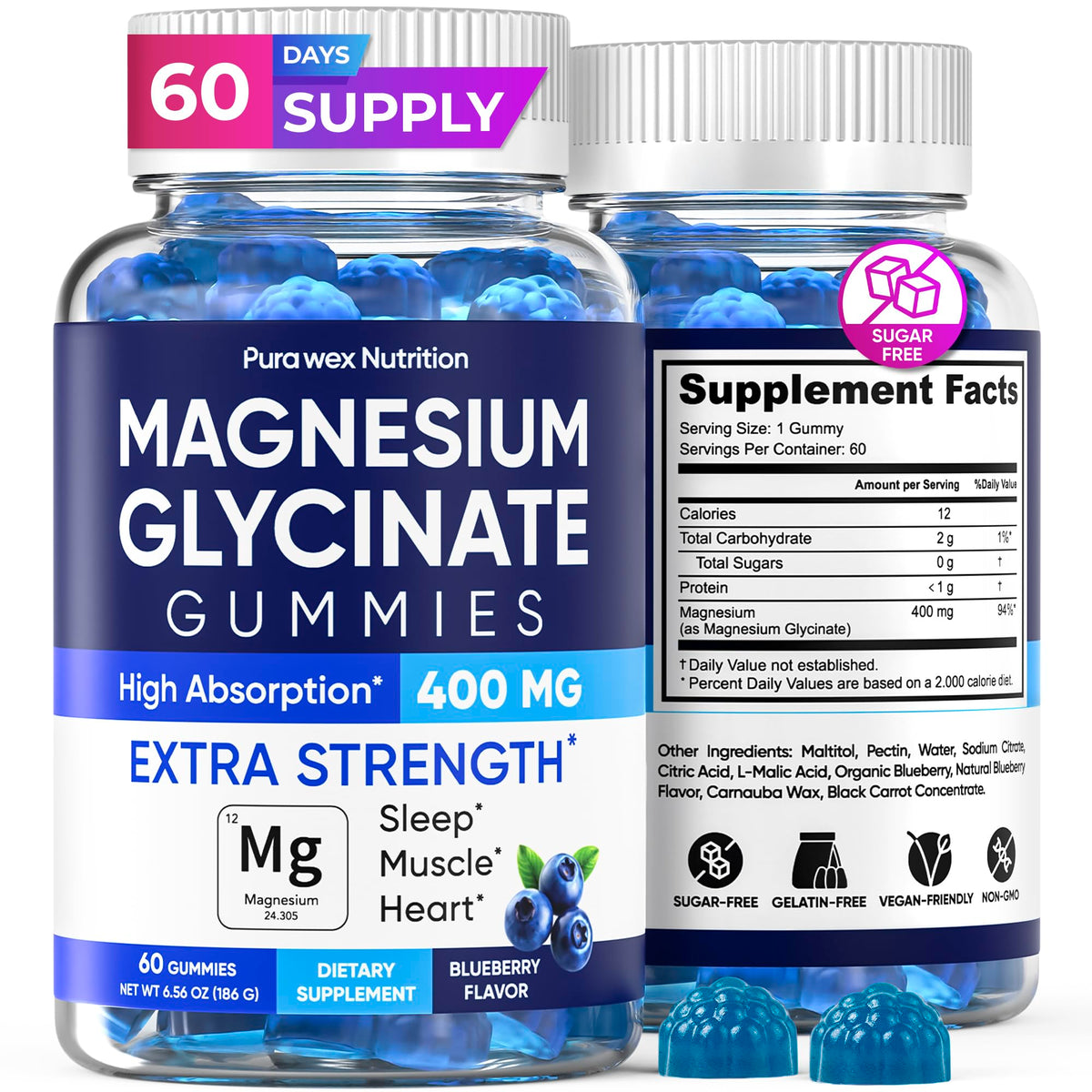 PURA WEX NUTRITION Gummies de Magnésium Glycinate 400mg saveur myrtille face avant