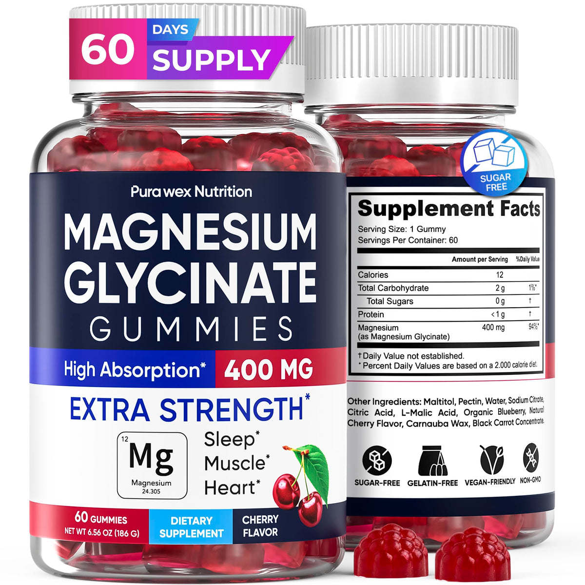 PURA WEX NUTRITION Gummies Magnésium Glycinate Cerise 400mg, boîte avant