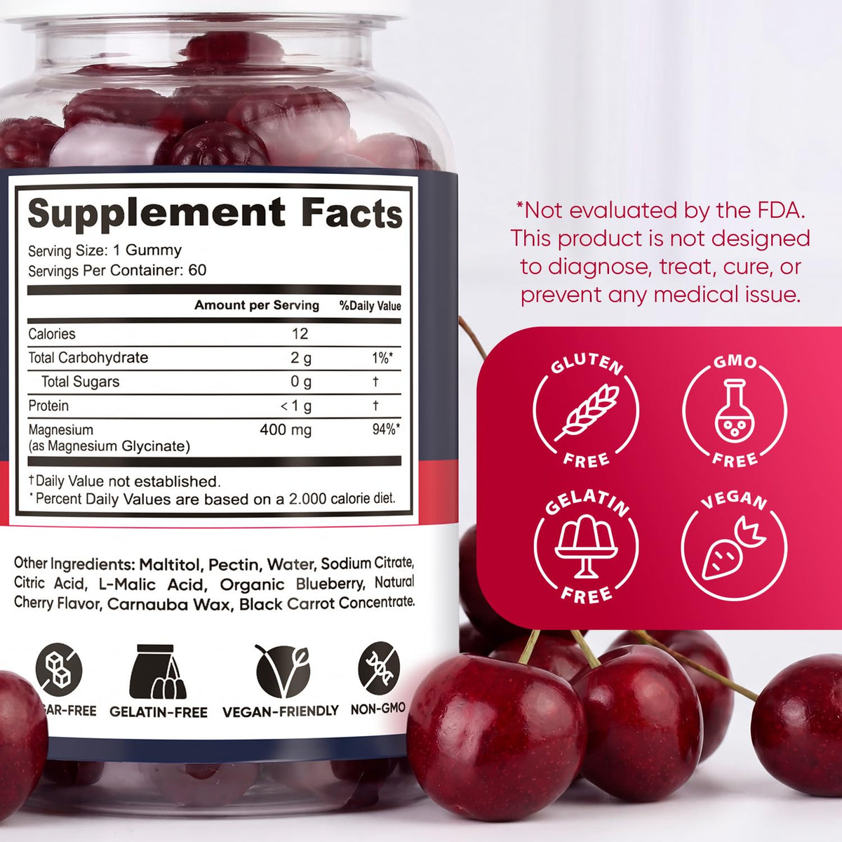 PURA WEX NUTRITION Gummies Magnésium Glycinate Cerise 400mg, gummies dans un bol