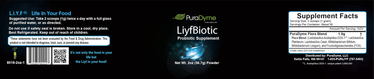 PuraDyme LiyfBiotic complément probiotique en poudre 91g avec étiquette détaillée