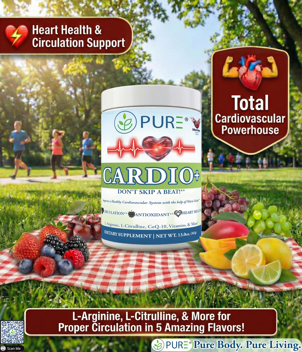 PURE Cardio+ 5000mg L-Arginine 1000mg L-Citrulline poudre dos de l'emballage