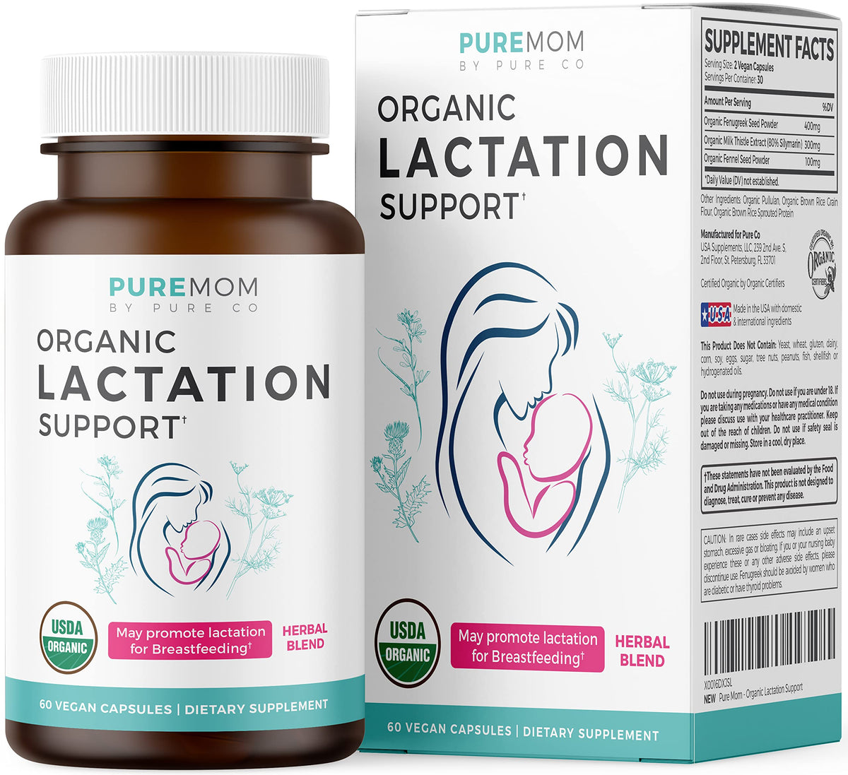 PURE CO Complément Alimentaire Lactation Vegan 60 Capsules, vue de face