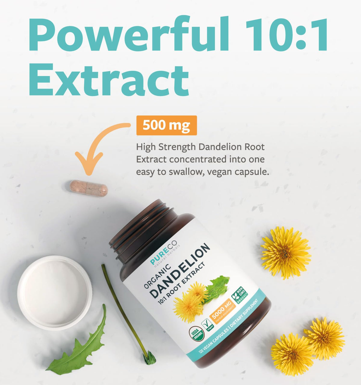 PURE CO Extrait de Racine de Pissenlit 5000mg - capsules sur fond blanc