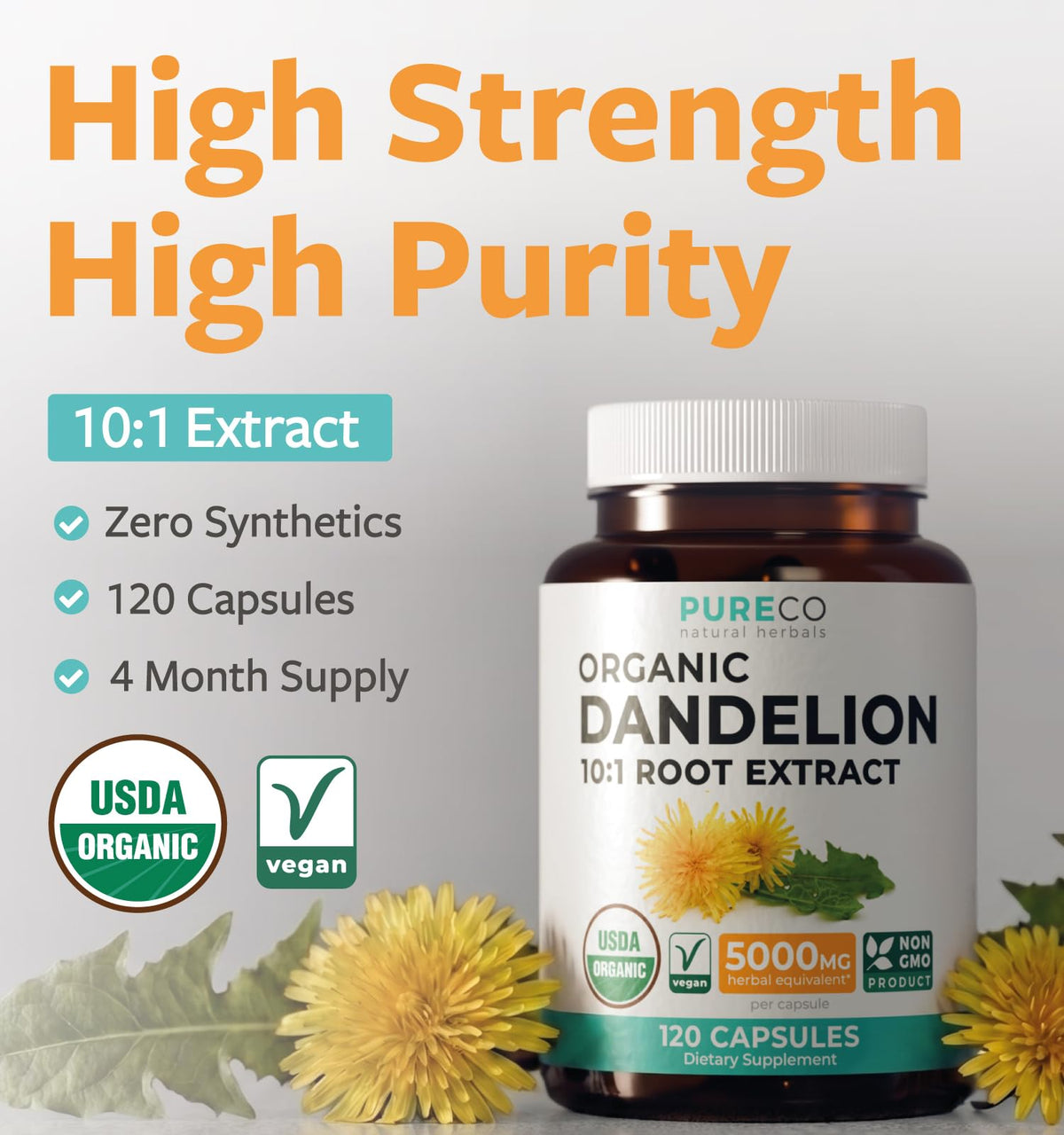 PURE CO Extrait de Racine de Pissenlit 5000mg - vue arrière du flacon