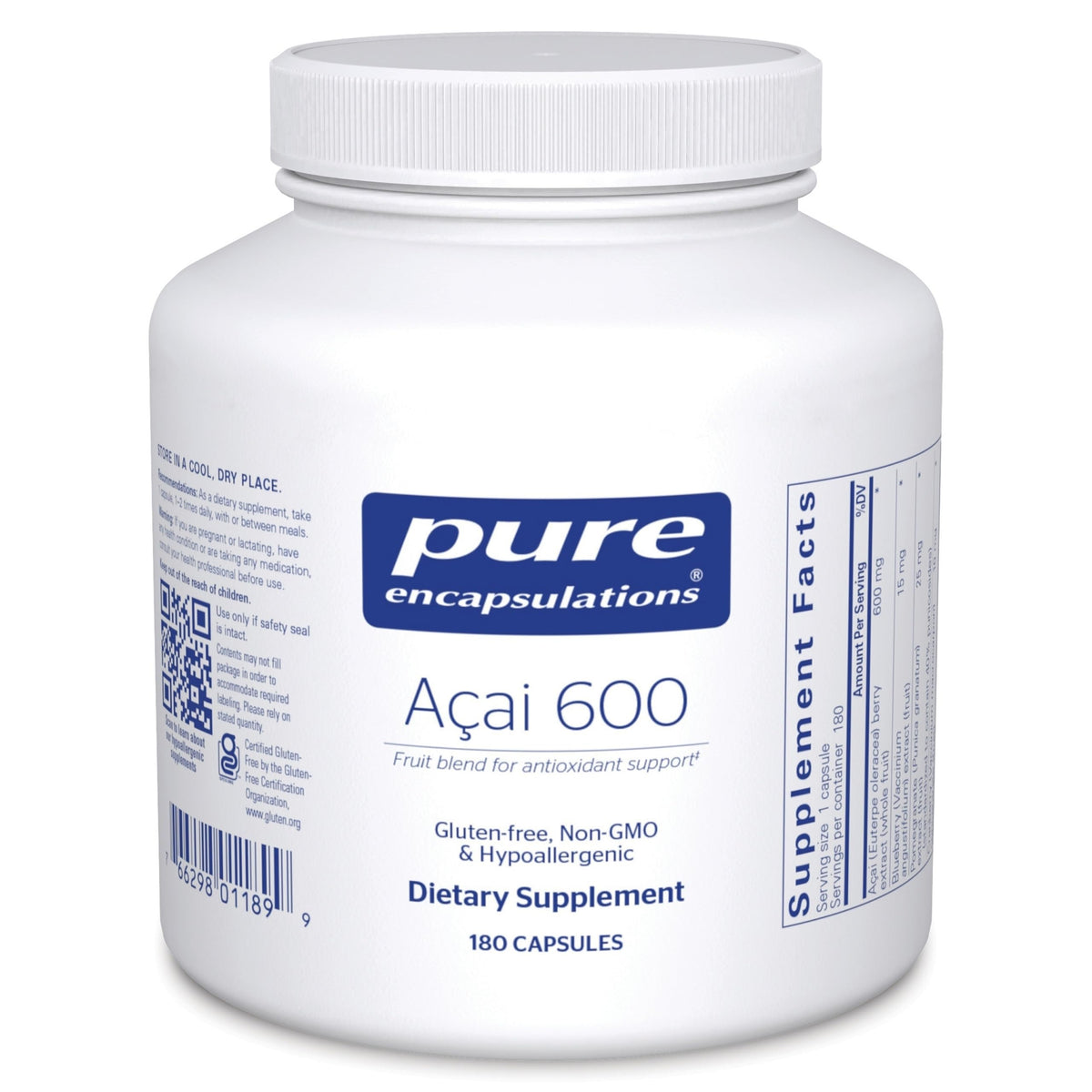 Pure Encapsulations Acai 600 capsules 180 unités vue de face