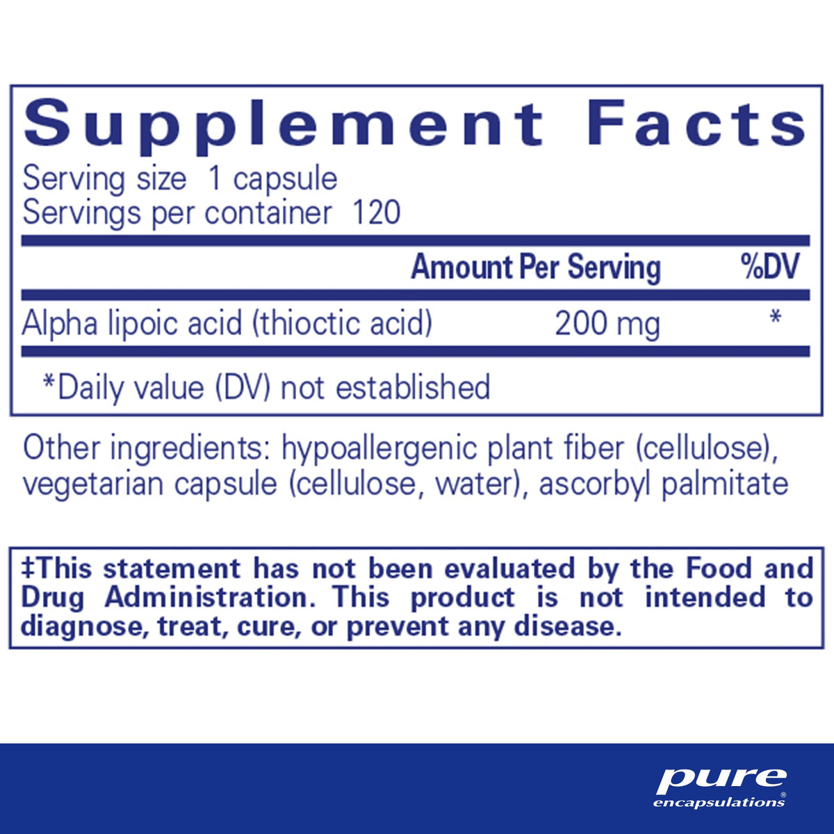 Pure Encapsulations Acide Alpha-Lipoïque 200 mg, 120 capsules arrière