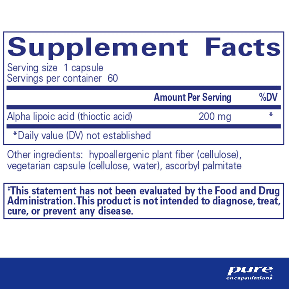 Pure Encapsulations Acide Alpha Lipoïque 200 mg capsule back view