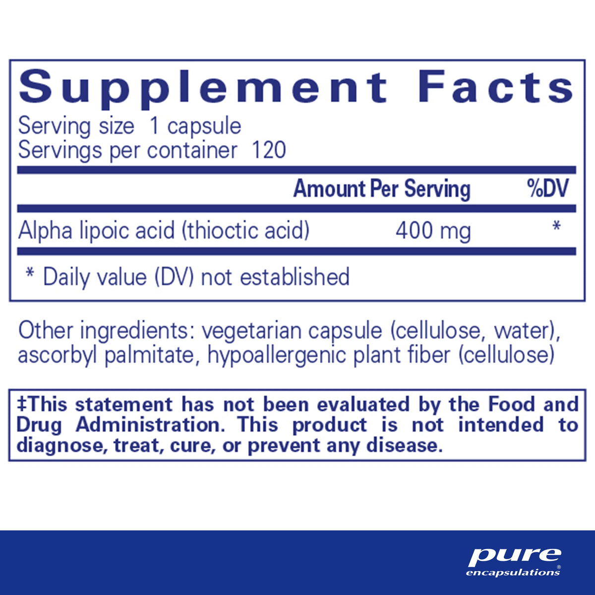 Pure Encapsulations Acide Alpha-Lipoïque 400 mg boîte vue latérale