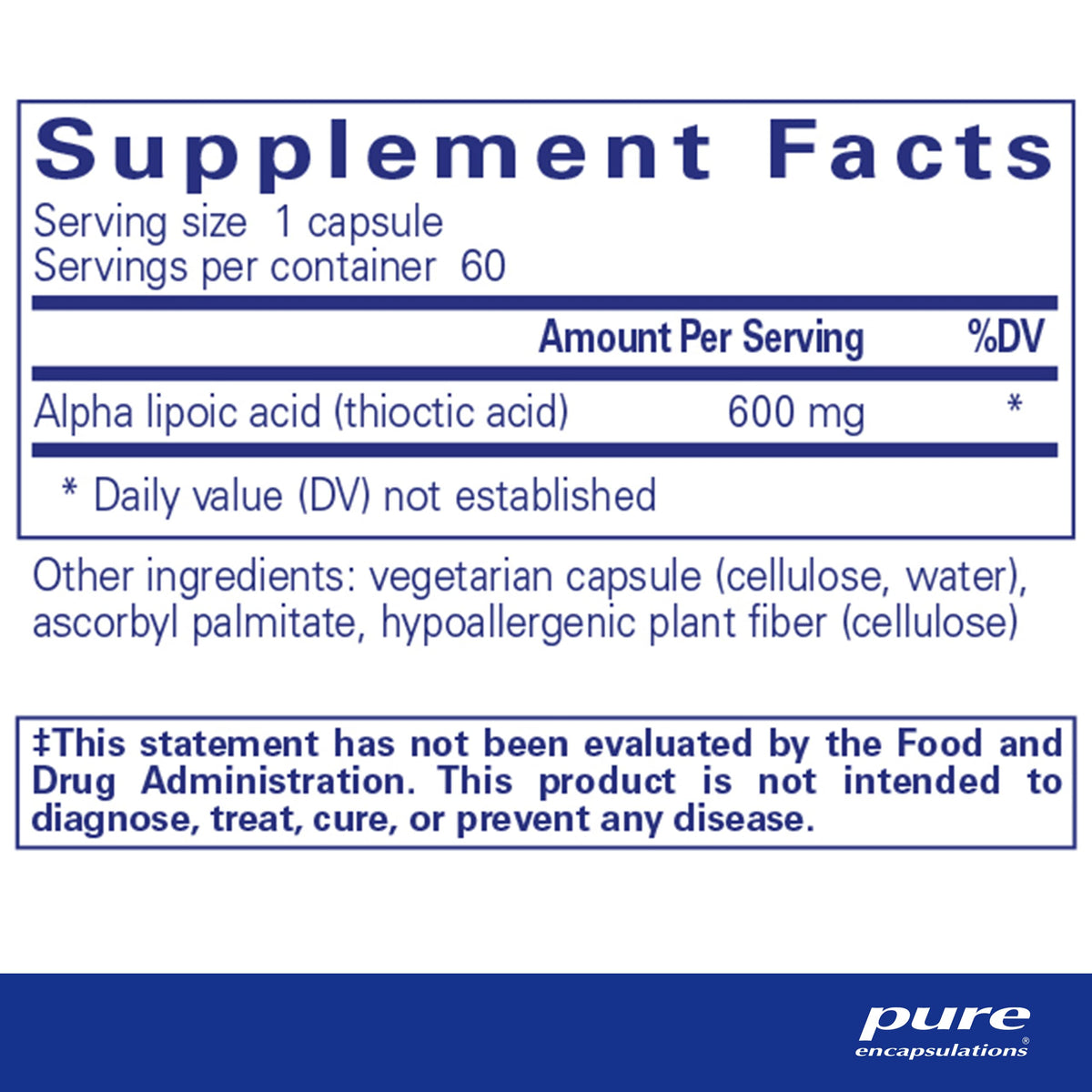 Pure Encapsulations Acide Alpha Lipoïque 600 mg 60 Capsules arrière