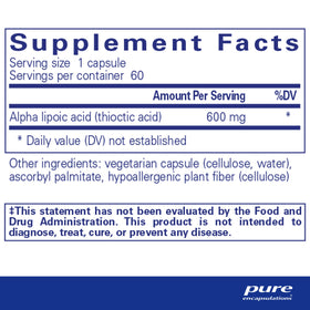 Pure Encapsulations Acide Alpha Lipoïque 600 mg 60 Capsules arrière