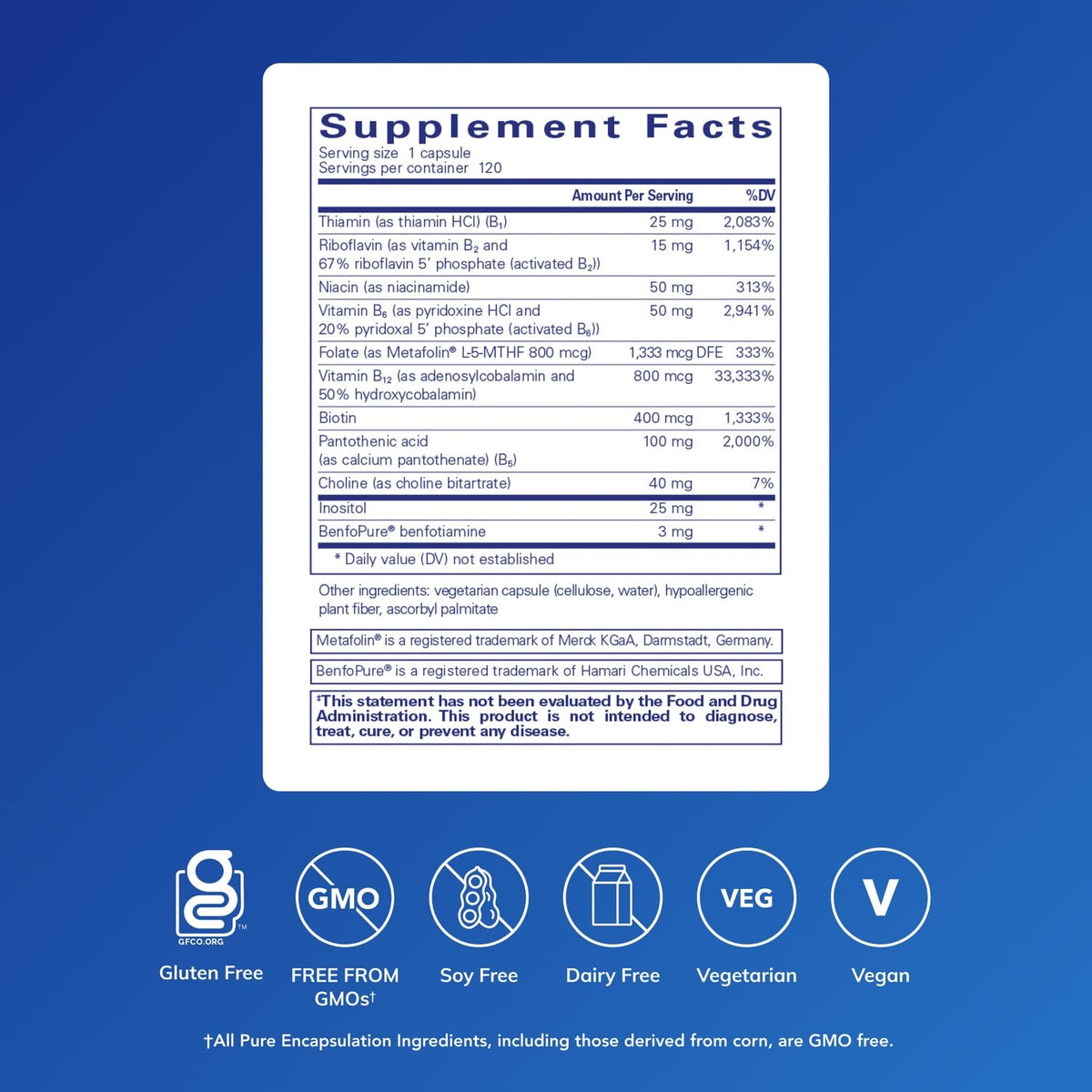 Pure Encapsulations B-Complex 120 capsules, vue arrière de l'emballage