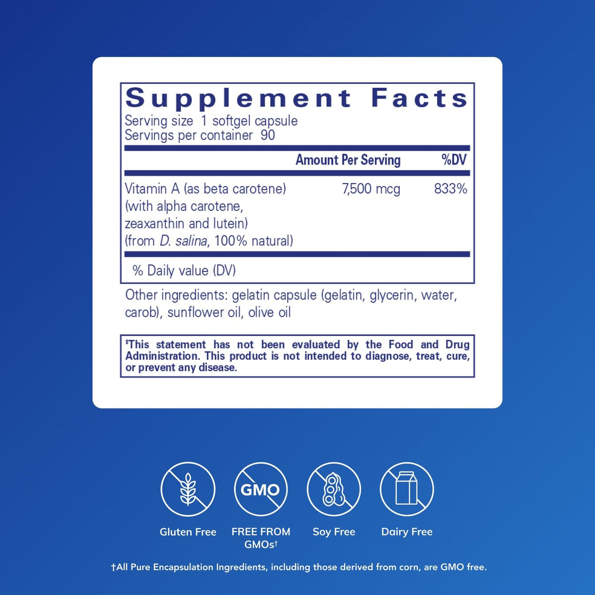 Pure Encapsulations Beta Carotène, capsules molles sur fond blanc