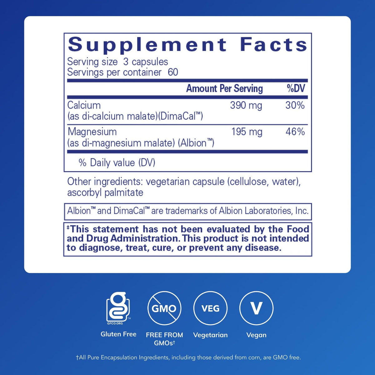 Pure Encapsulations Cal/Mag (Malate) 180 capsules side view