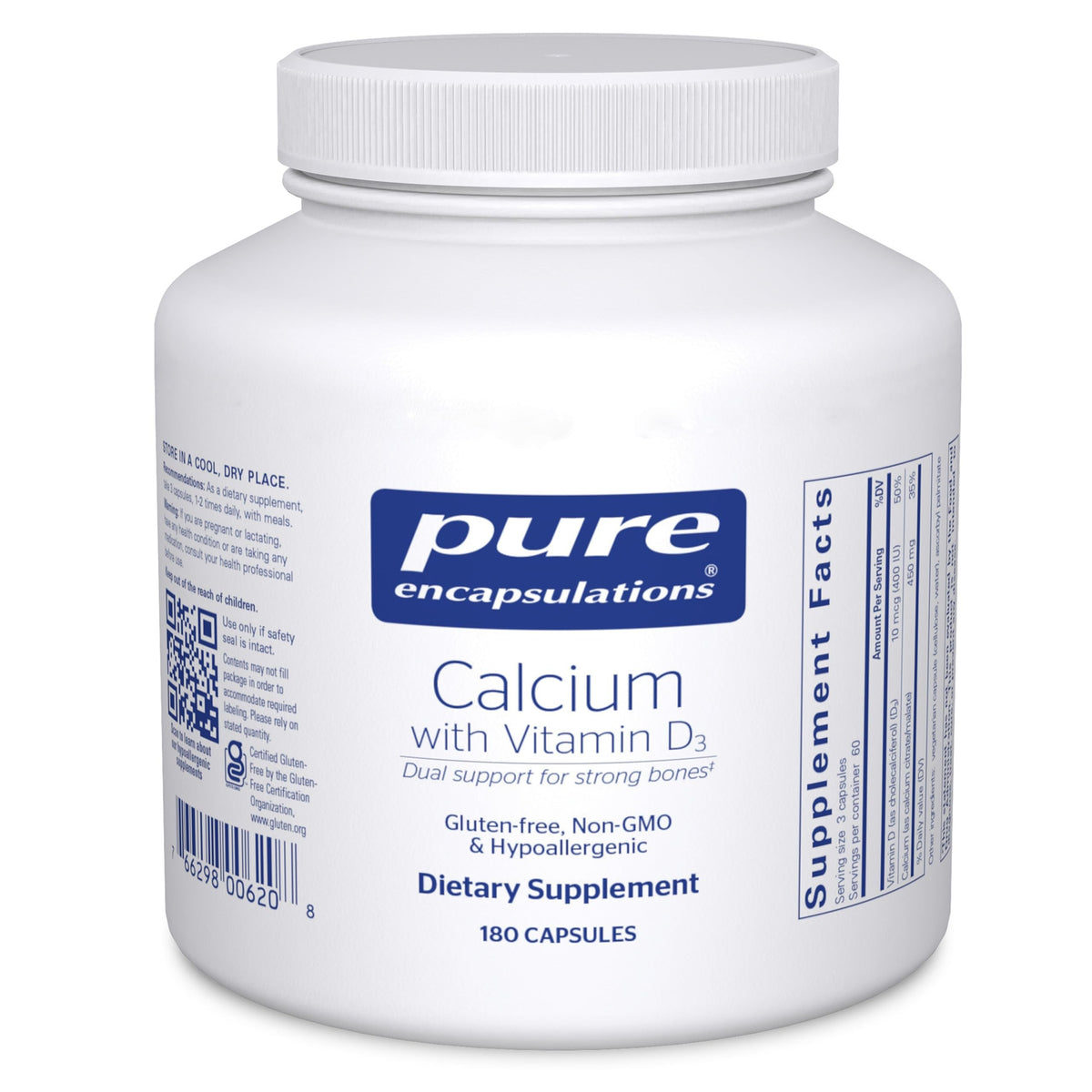Pure Encapsulations Calcium avec Vitamine D3 180 Capsules vue avant