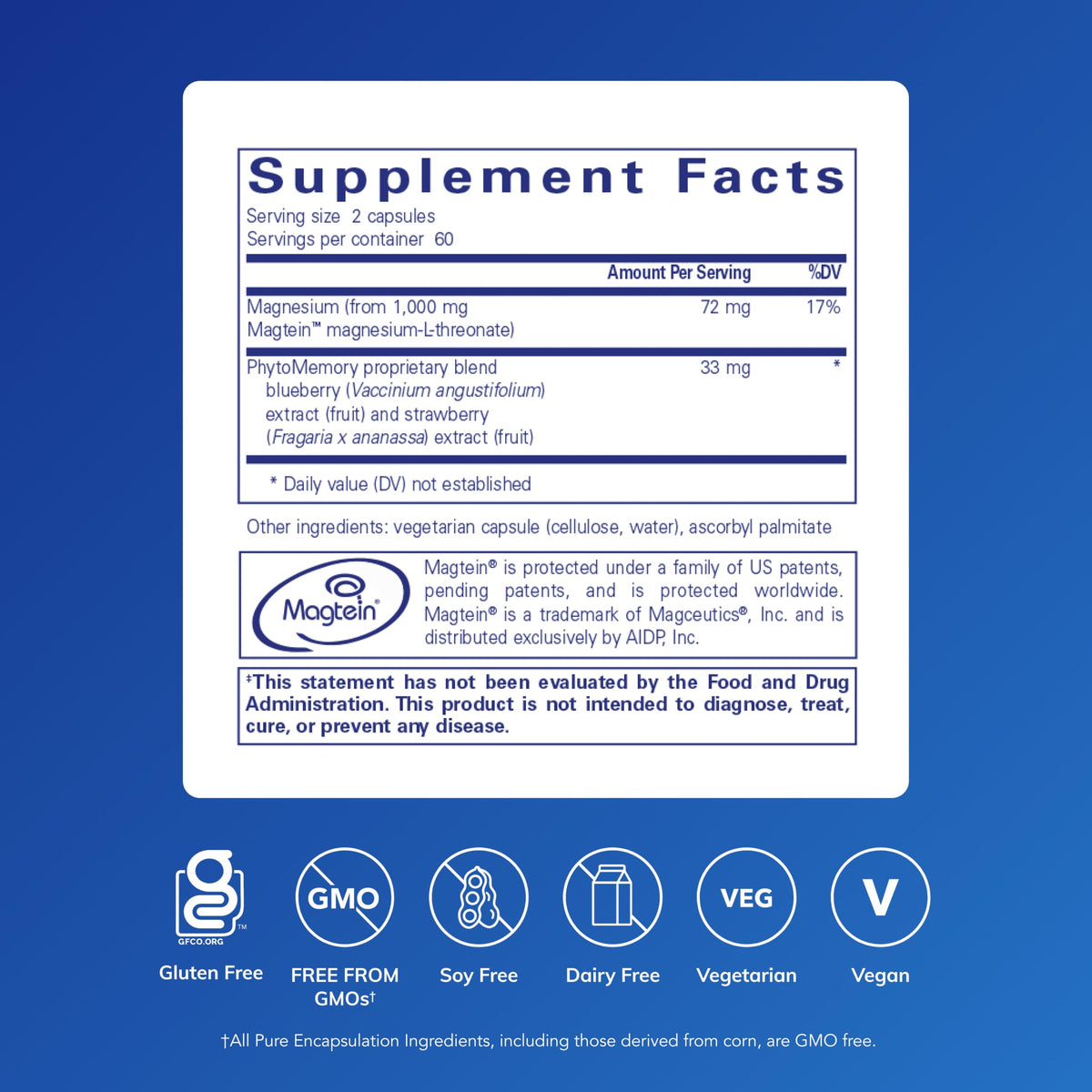 Pure Encapsulations CogniMag 120 Capsules arrière avec informations nutritionnelles