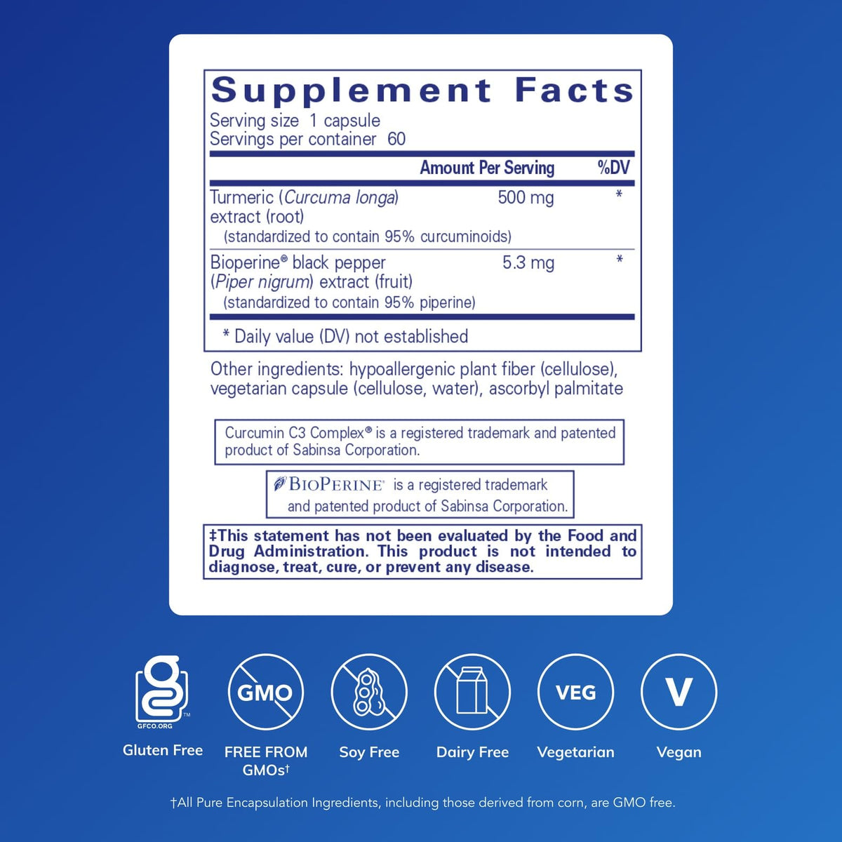 Pure Encapsulations Curcumin 500 avec Bioperine, vue arrière