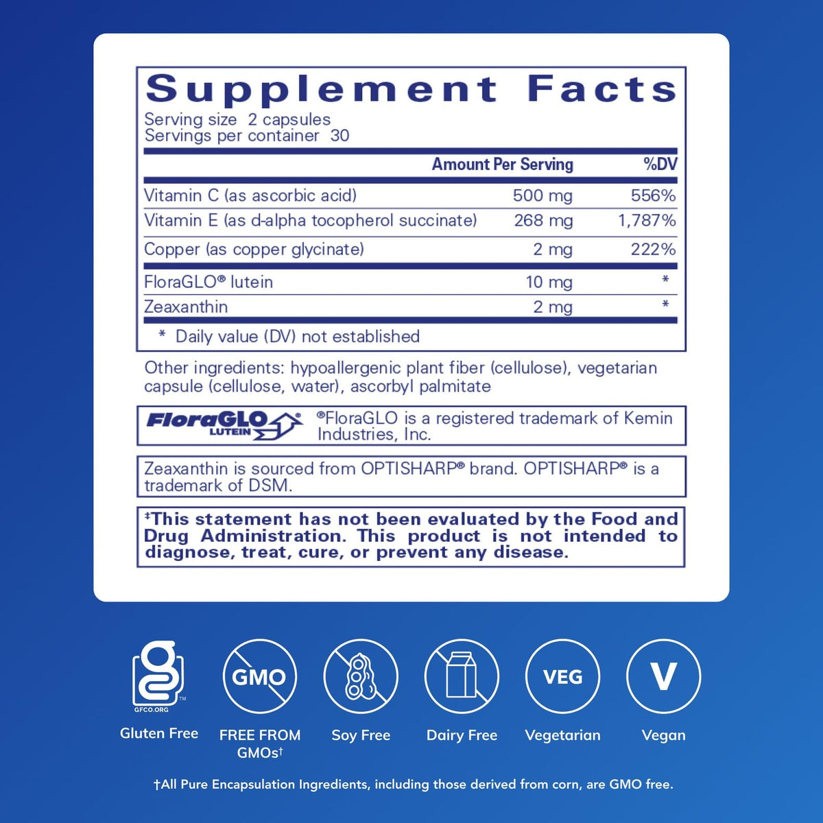 Pure Encapsulations EyeProtect Basics 60 Capsules sans Zinc, vue arrière