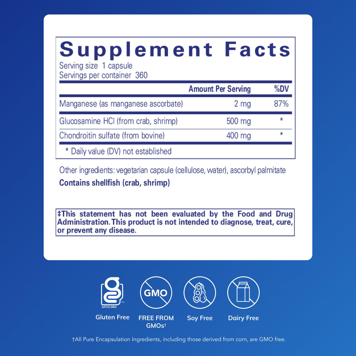 Pure Encapsulations Glucosamine Chondroitin 360 gélules, étiquette détaillée
