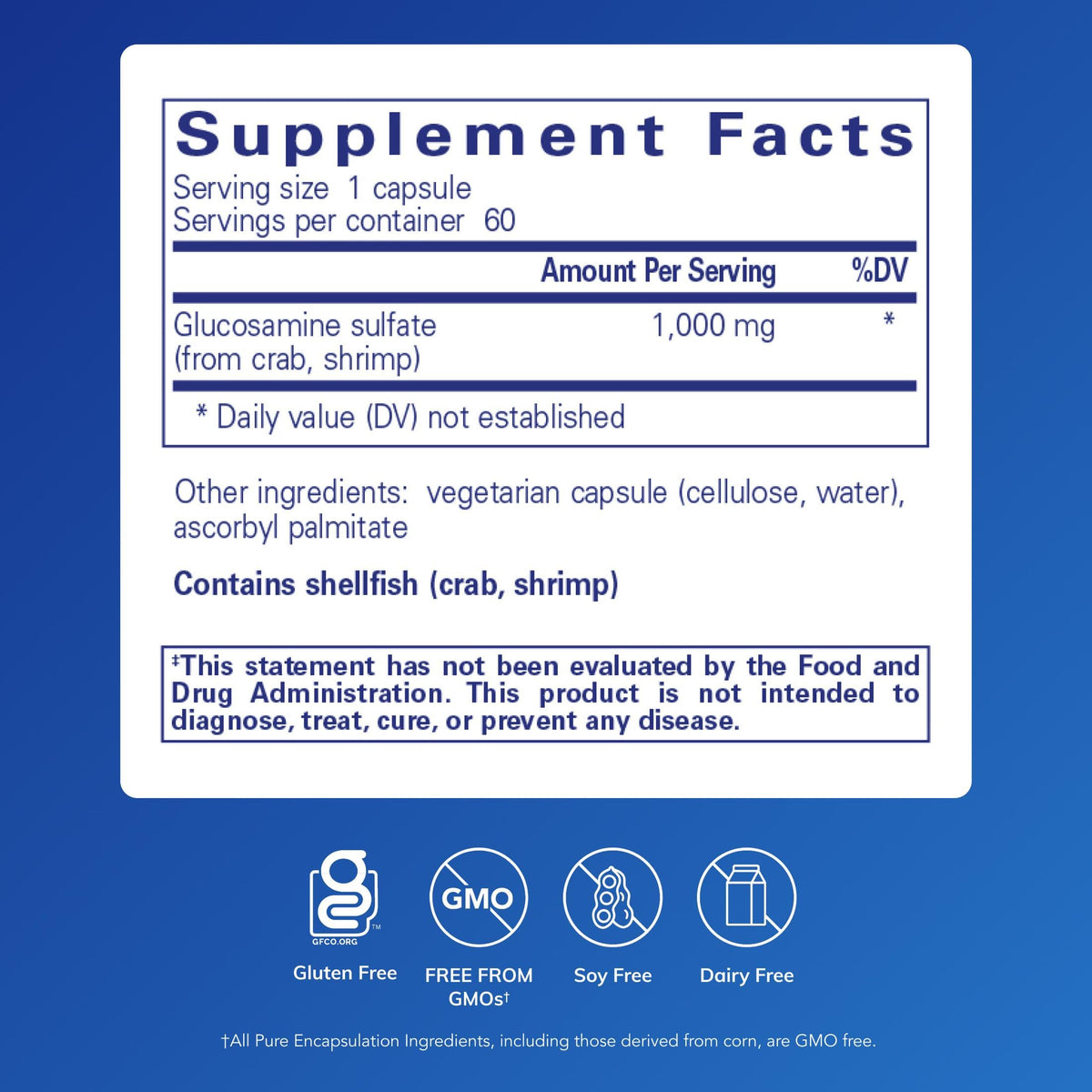 Pure Encapsulations Glucosamine Sulfate 1000 mg 60 capsules avec étiquette visible