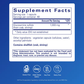 Pure Encapsulations Glucosamine Sulfate 1000 mg 60 capsules avec étiquette visible