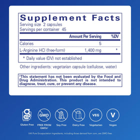Pure Encapsulations L-Arginine capsules montrant le dosage de 1400 mg
