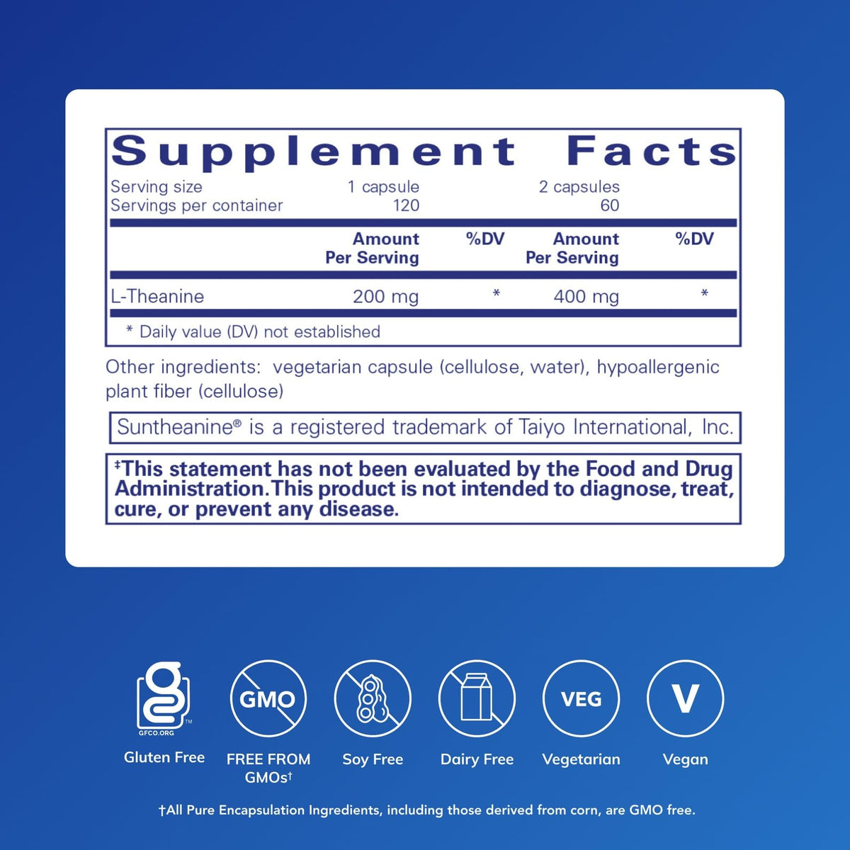 Pure Encapsulations L-Theanine 120 capsules avec étiquette
