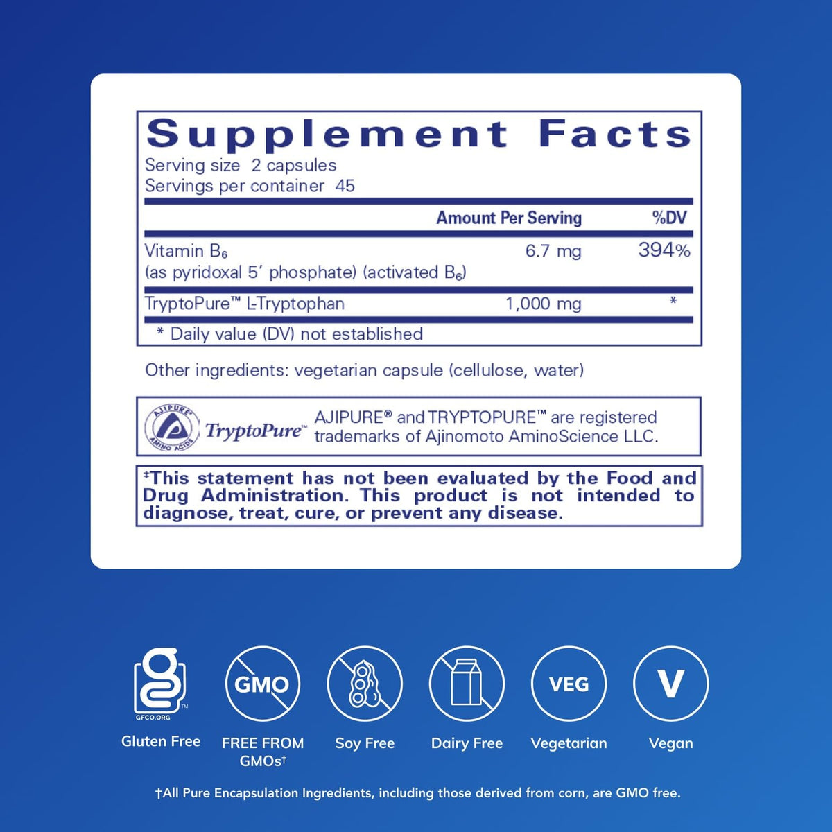 Pure Encapsulations L-Tryptophan 90 capsules vue arrière