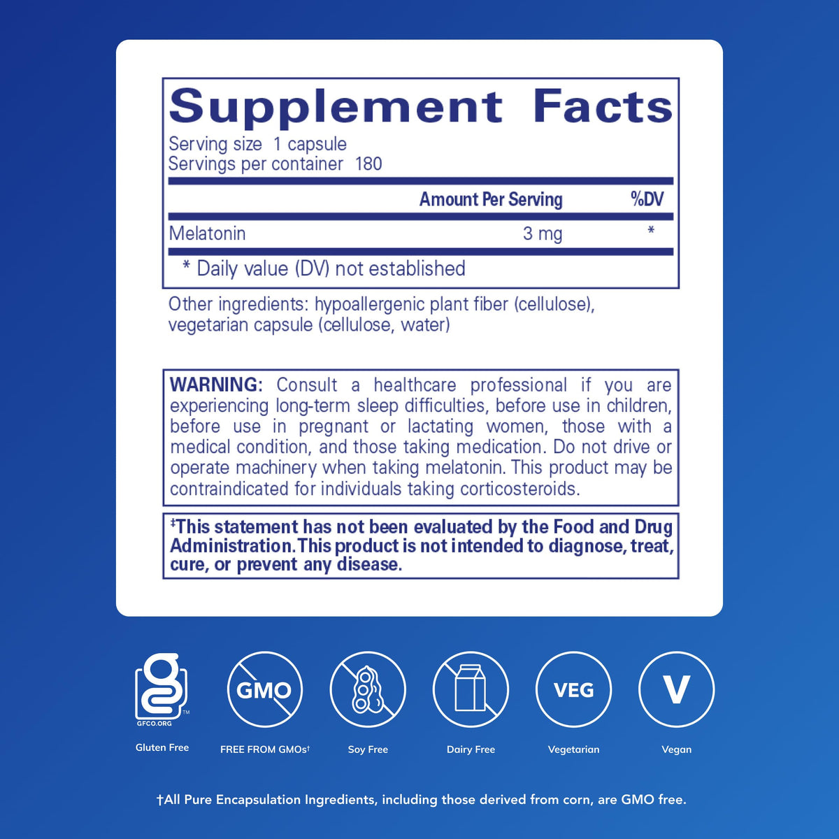 Pure Encapsulations Mélatonine 3 mg 180 Capsules - étiquette