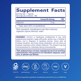 Pure Encapsulations Mélatonine 3 mg 180 Capsules - étiquette