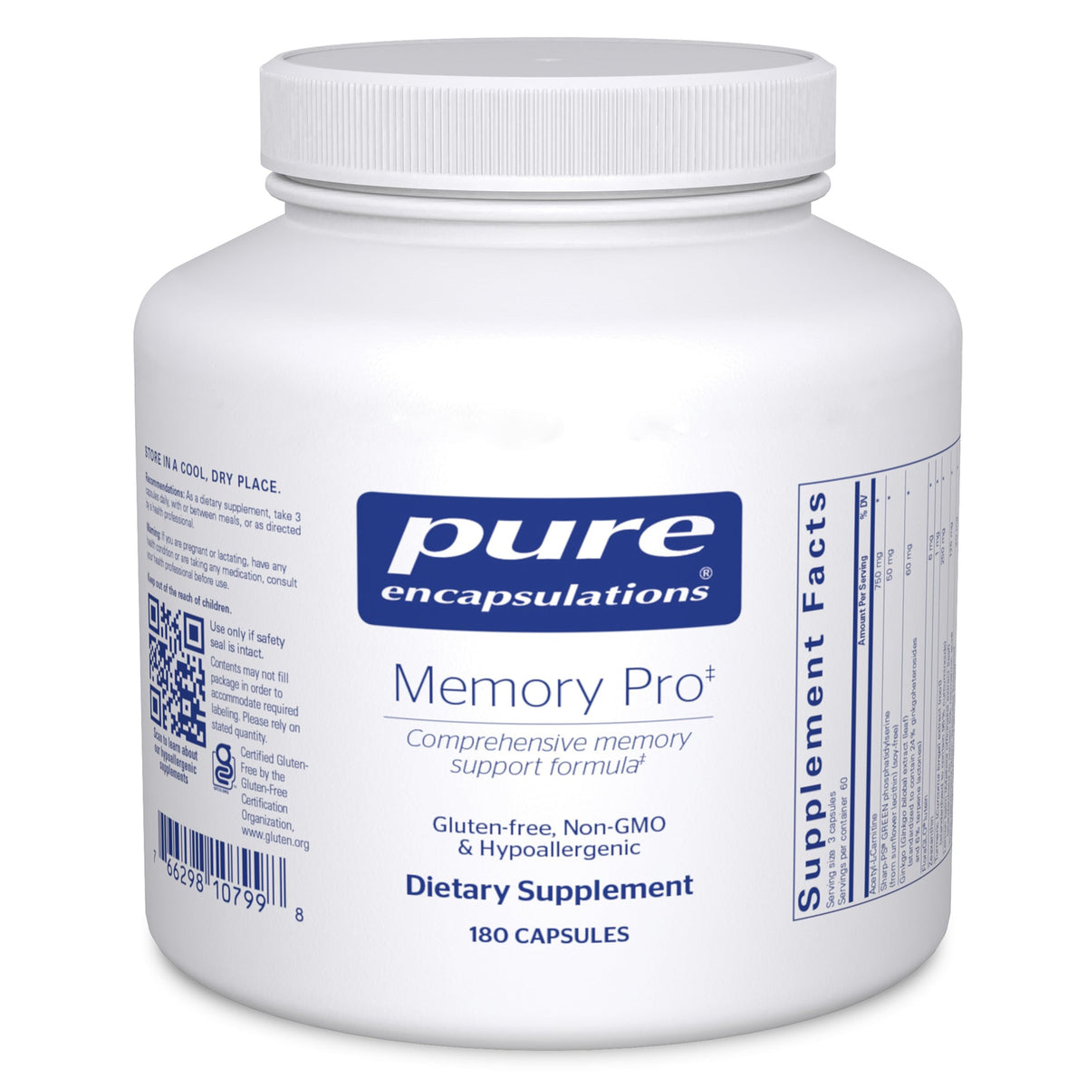 Pure Encapsulations Memory Pro 180 capsules, vue de l'emballage avant