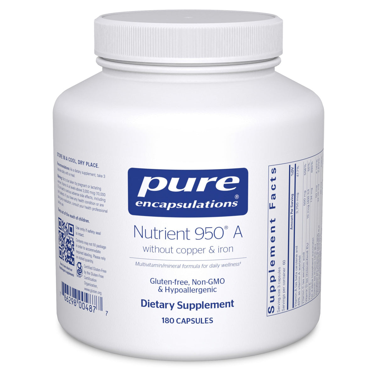 Pure Encapsulations Nutrient 950 A sans Cuivre ni Fer 180 Capsules - vue avant