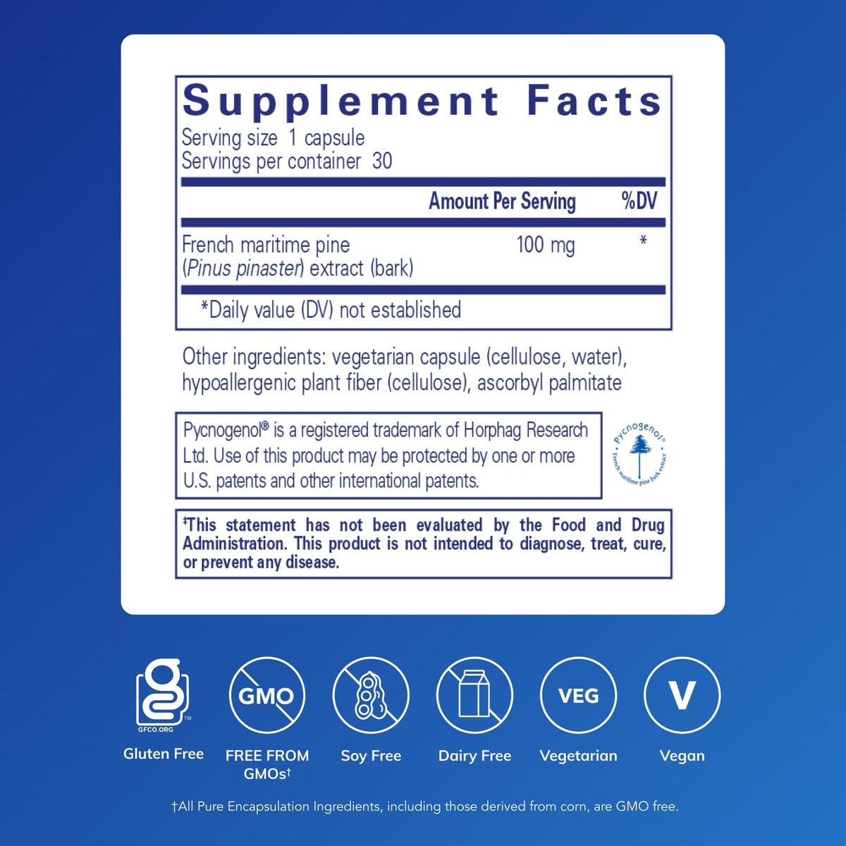Pure Encapsulations Pycnogenol 100 mg capsules side view