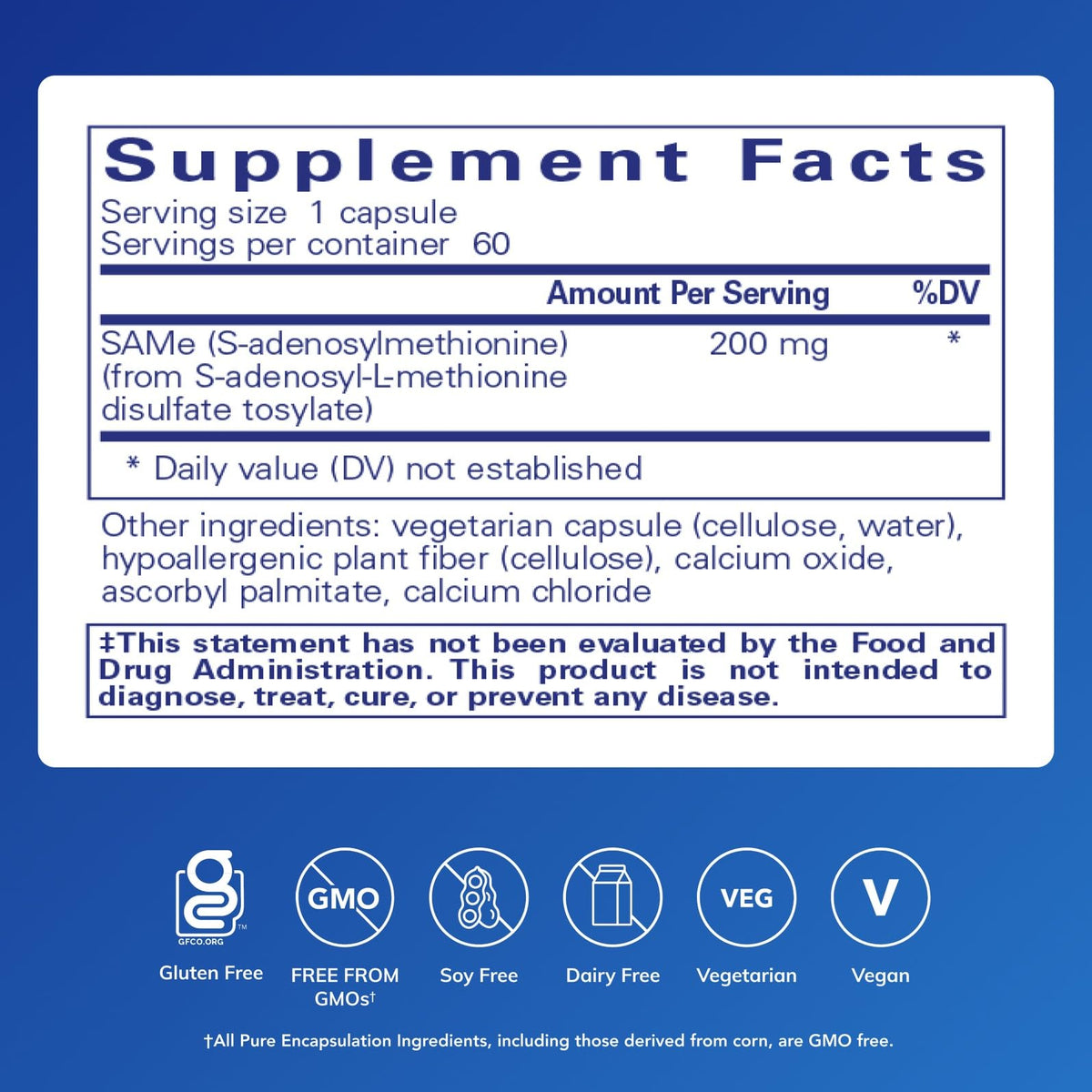 Pure Encapsulations SAMe emballage et informations nutritionnelles