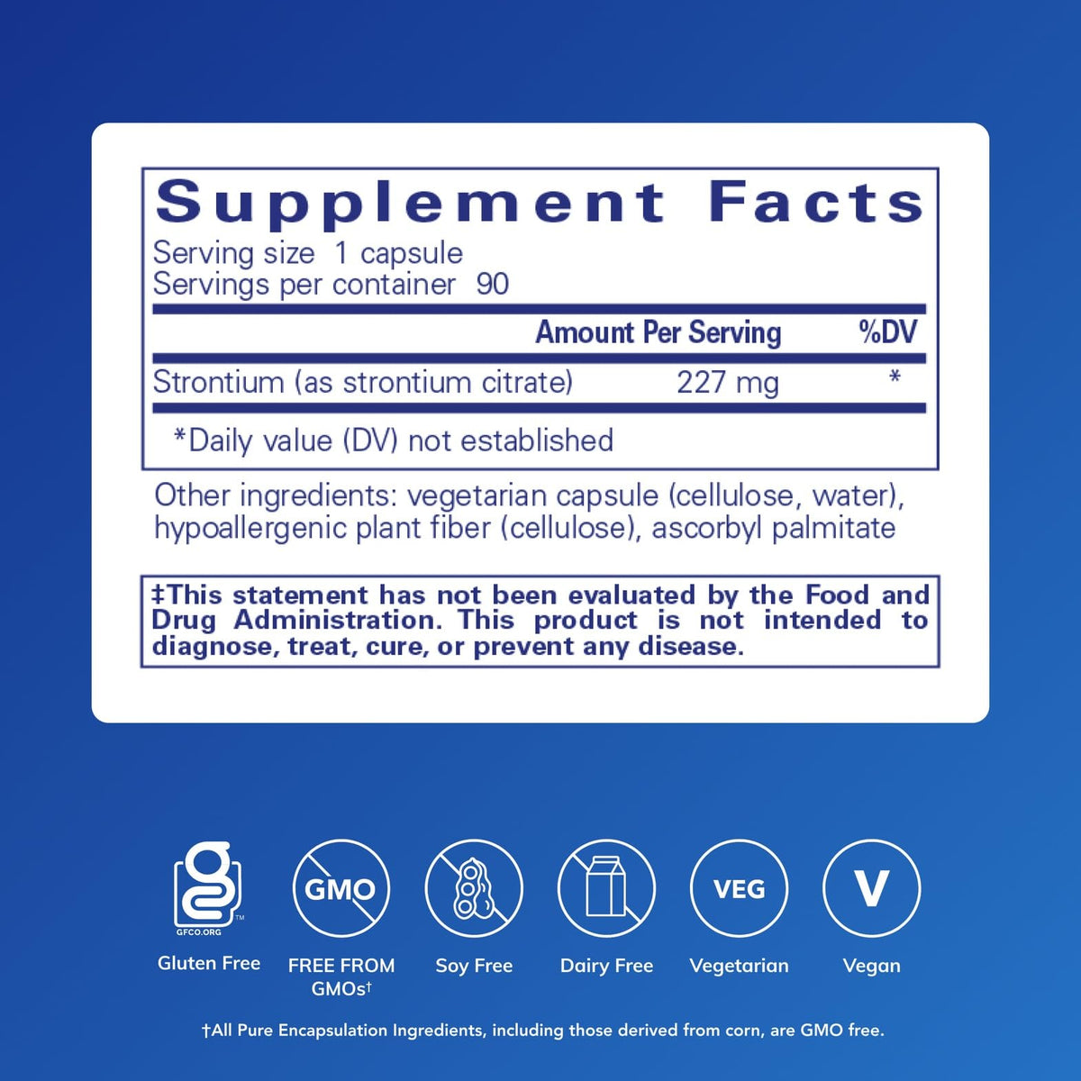 Pure Encapsulations Strontium Citrate 90 Capsules arrière avec informations nutritionnelles