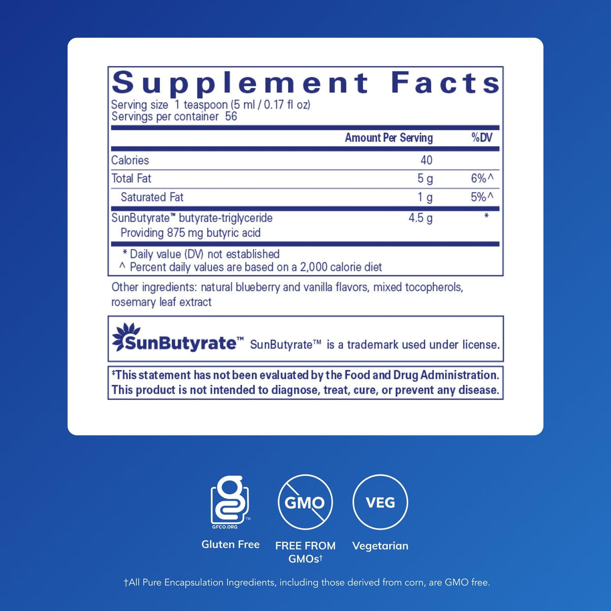 Pure Encapsulations SunButyrate-TG Liquide avec étiquette et dosage