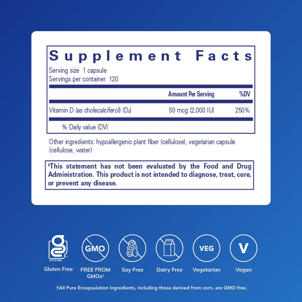 Pure Encapsulations Vitamine D3 Végétalienne 120 Capsules - vue de côté