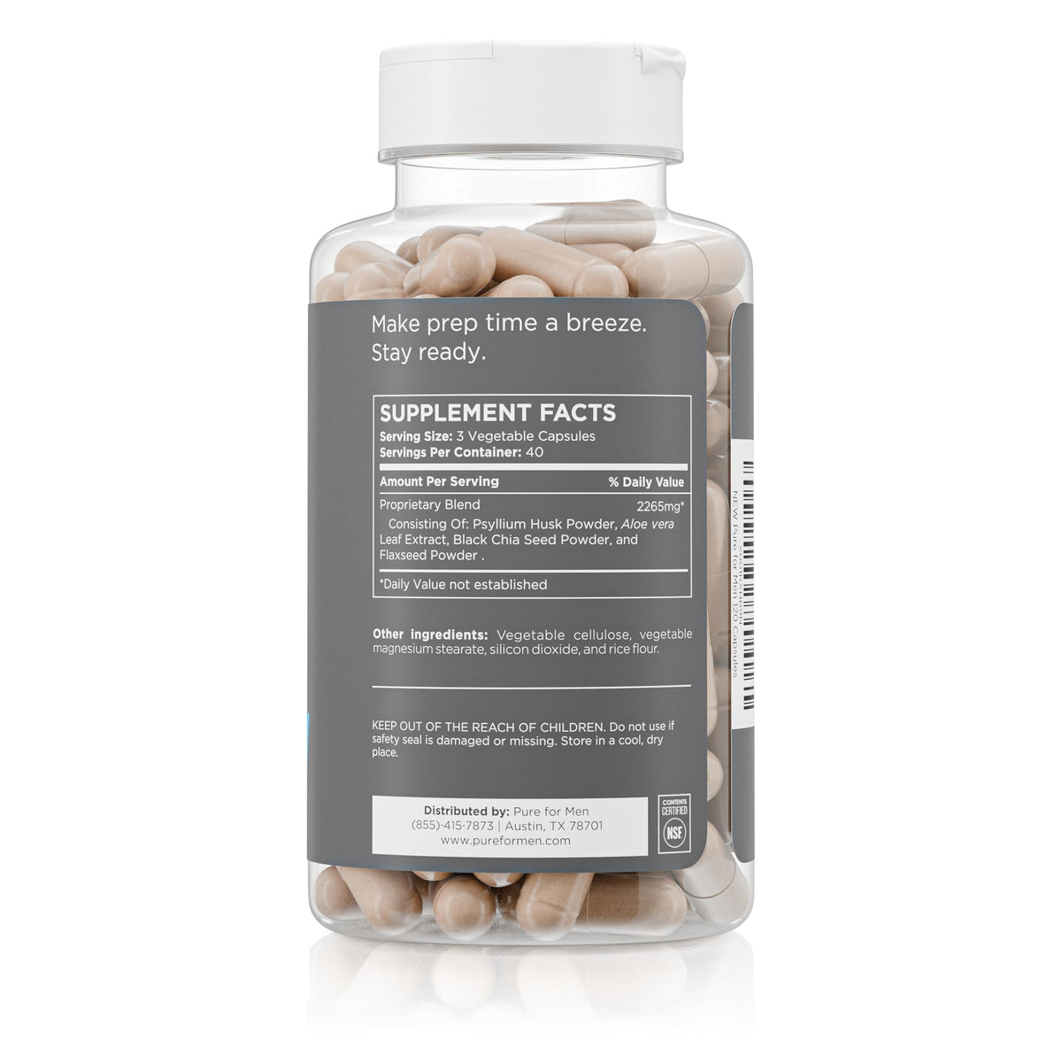 Pure for Men Complément Alimentaire Fibres Végétales - capsules dans un verre d'eau