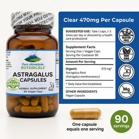 Pure Mountain Botanicals Astragalus Capsules 470mg, vue arrière