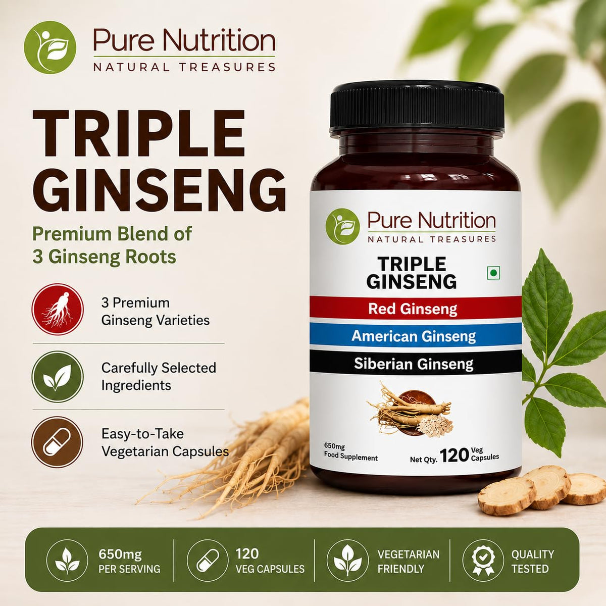PURE NUTRITION Triple Ginseng 650mg 120 capsules avec étiquette