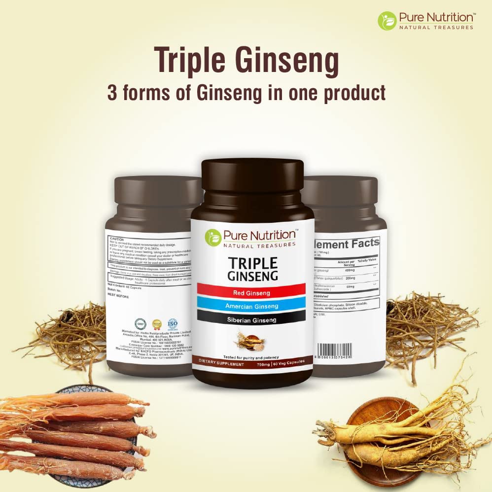 PURE NUTRITION Triple Ginseng 650mg 120 capsules ouvertes
