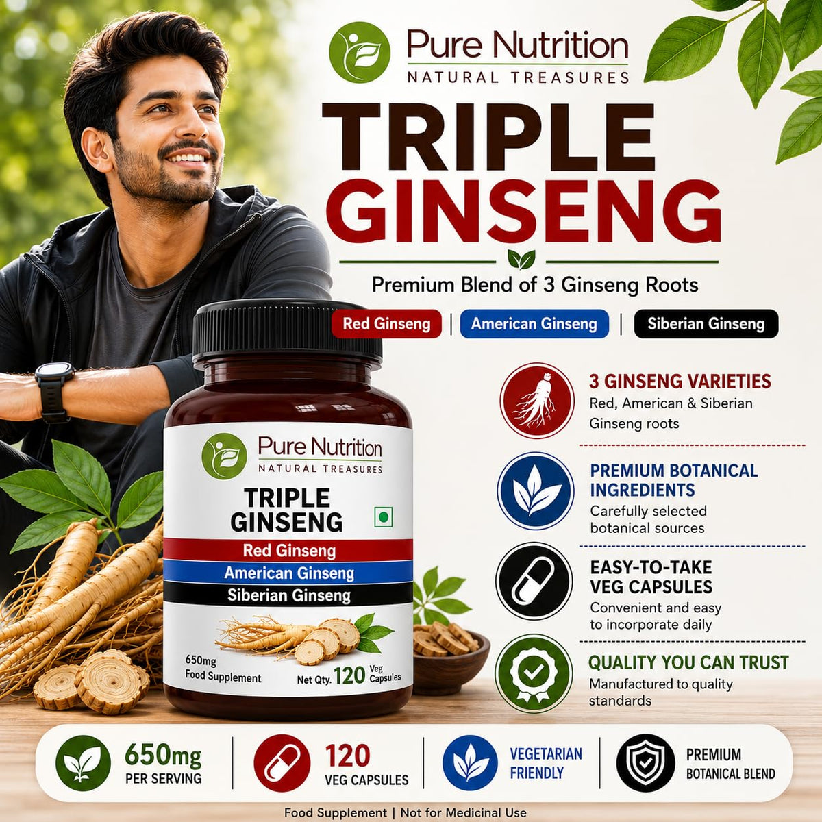 PURE NUTRITION Triple Ginseng 650mg 120 capsules vue arrière