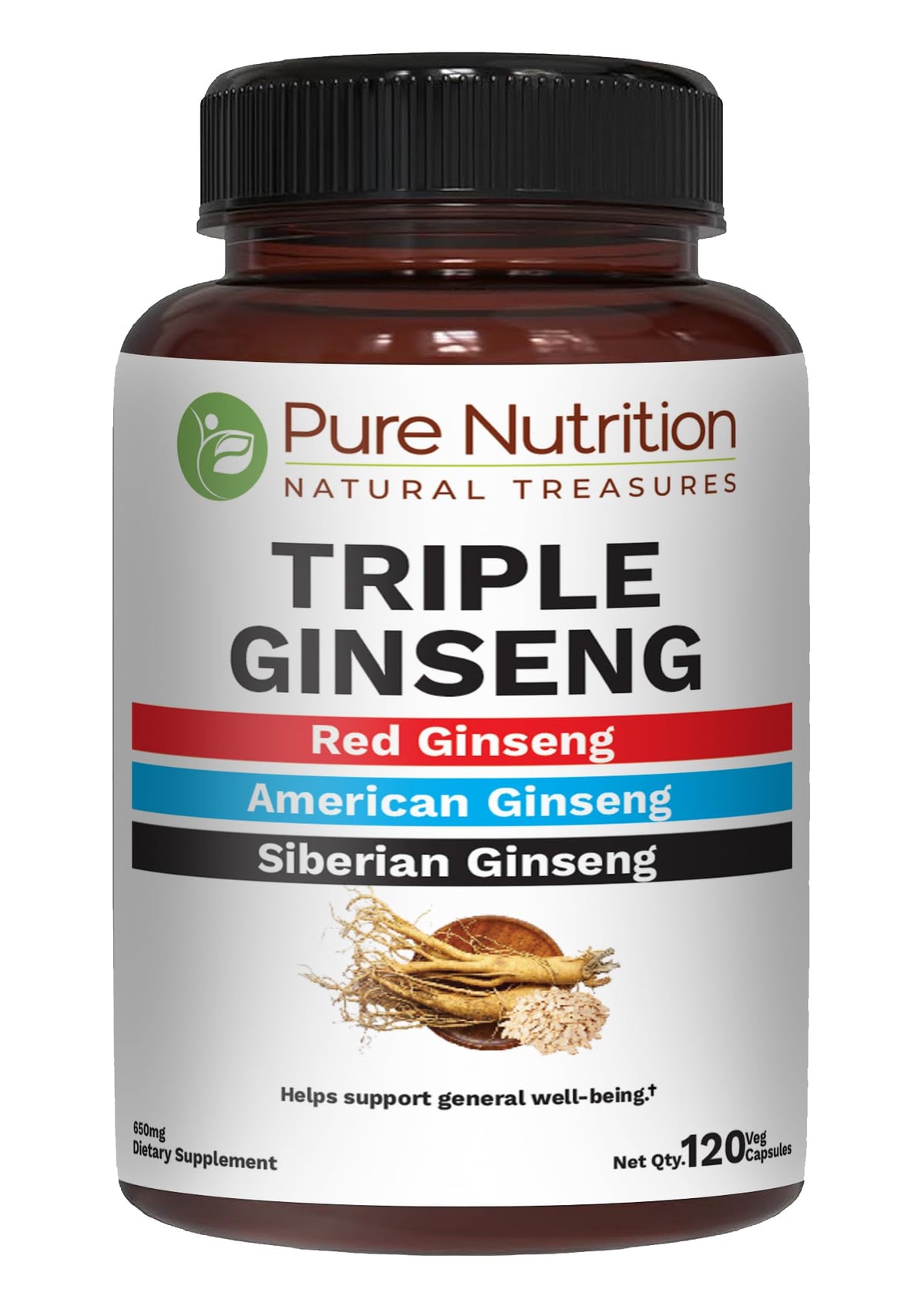 PURE NUTRITION Triple Ginseng 650mg 120 capsules vue avant