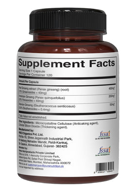 PURE NUTRITION Triple Ginseng 650mg capsules sur un fond neutre