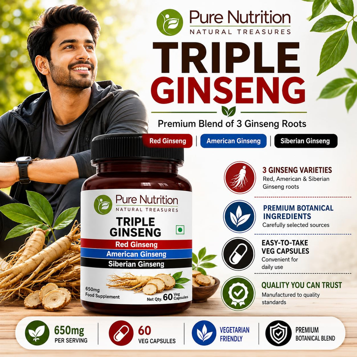 PURE NUTRITION Triple Ginseng 790mg capsules végétales