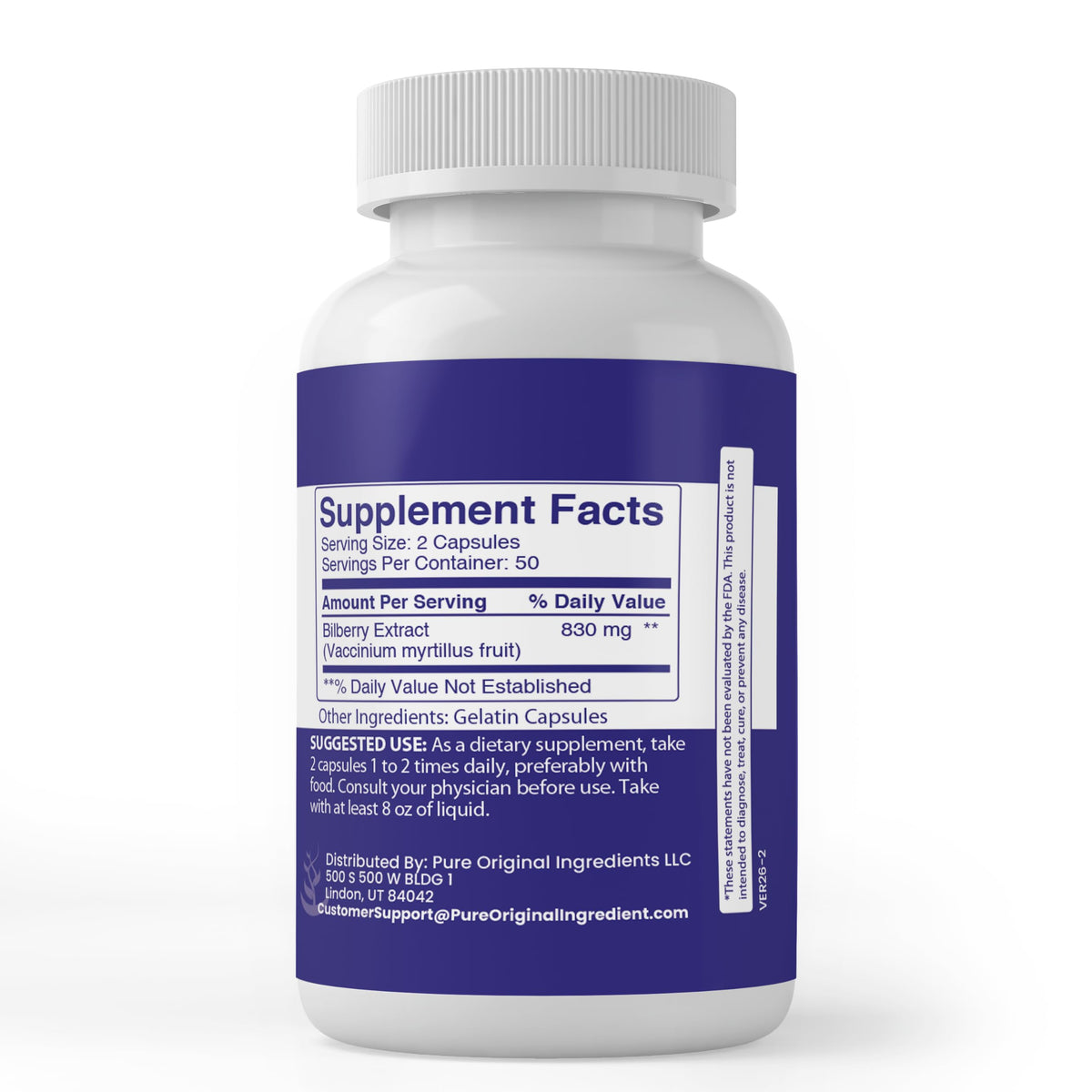 Pure Original Ingredients Extrait de Myrtille 100 Capsules vue arrière