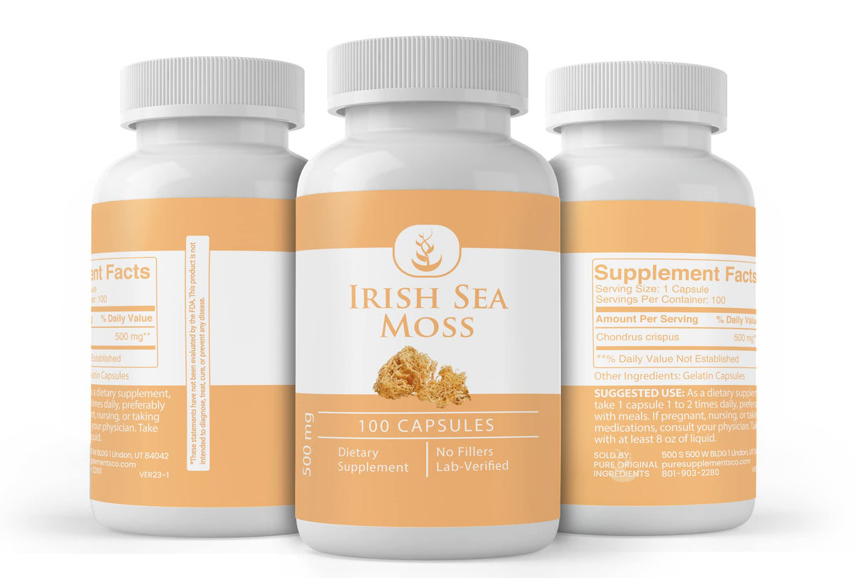 PURE ORIGINAL INGREDIENTS Irish Sea Moss capsules on a wooden table