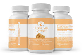 PURE ORIGINAL INGREDIENTS Irish Sea Moss capsules on a wooden table